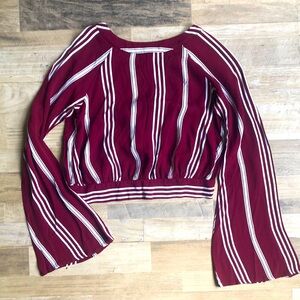 Flynn Skye Womens Size M Cropped Long Sleeve Shirt Maroon Striped Festive